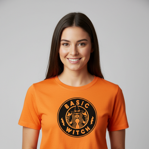 Basic Witch on orange shirt with female model